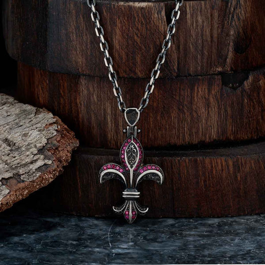 Gental Gems by Karat Kings | Unique Designed Fleur-De-Lis Symbol Pendant Studded with Pink & Black Zircons for Men |  Sterling Silver Oxidized Pendant | Men's Jewelry | With Certificate of Authenticity and  Hallmark