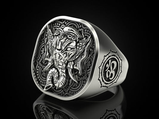 Gental Gems by Karat Kings | Unique Designed Ganesha Ring with Om Symbol |  Sterling Silver Oxidized Ring | Men's Jewelry | With Certificate of Authenticity and  Hallmark