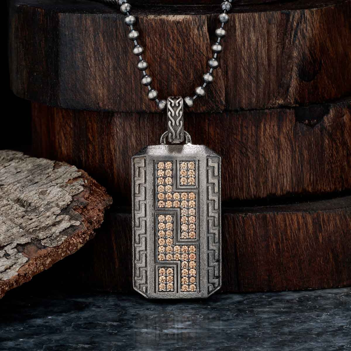 Gental Gems by Karat Kings | Unique Greek  Pattern Pendant Adorned with Cubic Zircons for Men |  Sterling Silver Oxidized Pendant