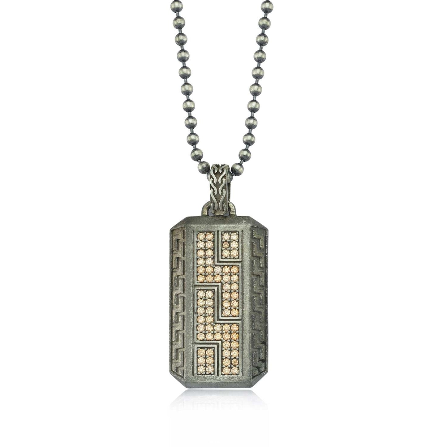 Gental Gems by Karat Kings | Unique Greek  Pattern Pendant Adorned with Cubic Zircons for Men |  Sterling Silver Oxidized Pendant