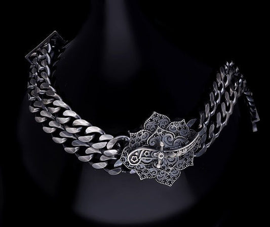 Gental Gems by Karat Kings | Double Sided 20mm Wide Solid Oxidised Cuban Link Bracelet with Artistic Sword | Antique Finish  Sterling Silver Bracelet | Men's Jewelry | With Certificate of Authenticity and  Hallmark