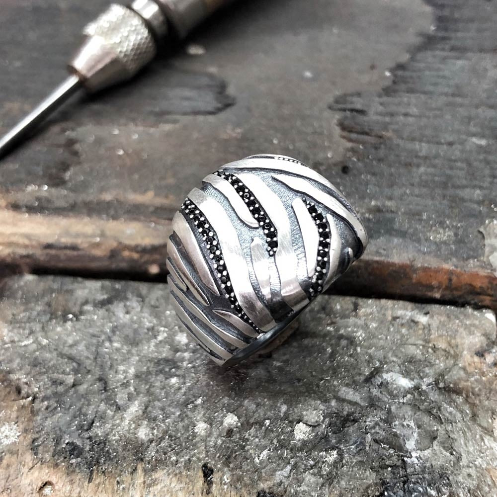 Gental Gems by Karat Kings | Unique Handmade Turkish Style Ring with Black Zircons |  Sterling Silver Oxidized Ring
