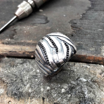 Gental Gems by Karat Kings | Unique Handmade Turkish Style Ring with Black Zircons |  Sterling Silver Oxidized Ring