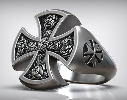 Gental Gems by Karat Kings | Unique Designed Cross Ring with Roses |  Sterling Silver Oxidized Ring | Men's Jewelry | With Certificate of Authenticity and  Hallmark