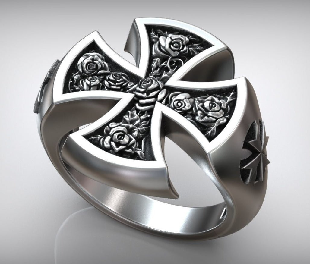 Gental Gems by Karat Kings | Unique Designed Cross Ring with Roses |  Sterling Silver Oxidized Ring | Men's Jewelry | With Certificate of Authenticity and  Hallmark