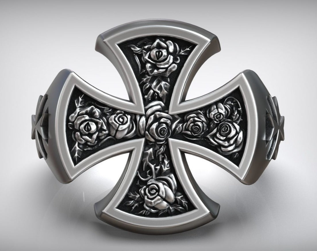 Gental Gems by Karat Kings | Unique Designed Cross Ring with Roses |  Sterling Silver Oxidized Ring | Men's Jewelry | With Certificate of Authenticity and  Hallmark