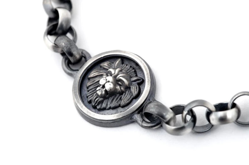 Gental Gems by Karat Kings | Unique Oxidized Lion Head Bracelet for Men |  Sterling Silver Bracelet