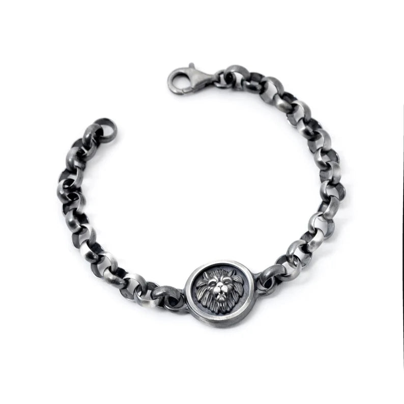 Gental Gems by Karat Kings | Unique Oxidized Lion Head Bracelet for Men |  Sterling Silver Bracelet