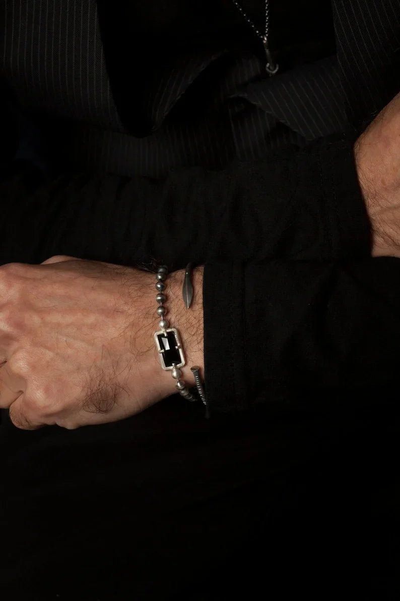 Gental Gems by Karat Kings |  Natural Black Onyx Bracelet for Men |  Sterling Silver Bracelet | Men's Jewelry | With Certificate of Authenticity and  Hallmark