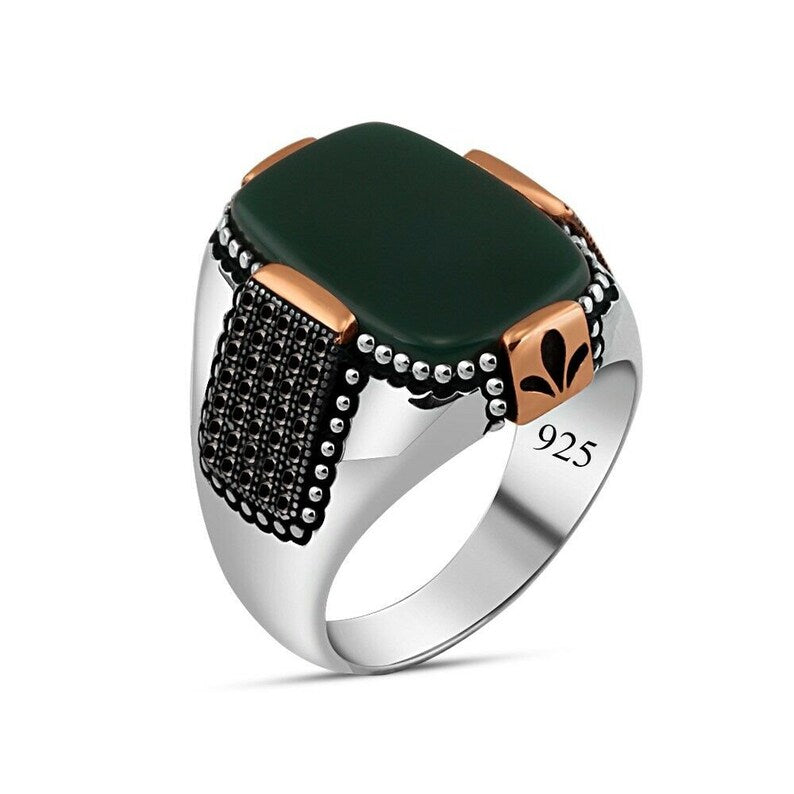 Gental Gems by Karat Kings | Unique Designed Turkish Style Ring with Natural Green Onyx |  Sterling Silver Oxidized Ring