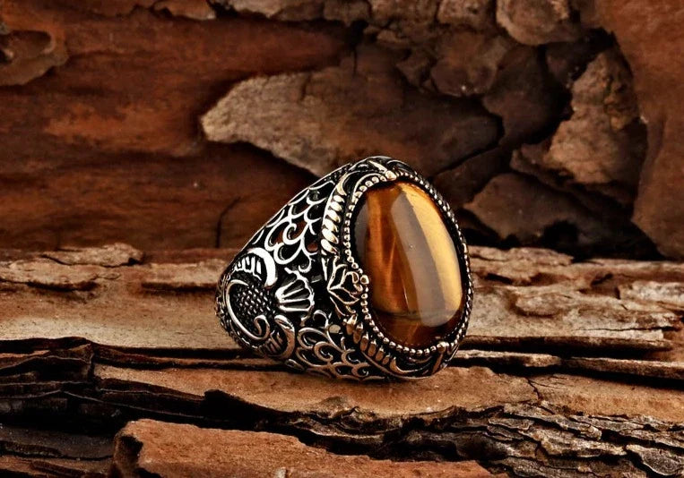Gental Gems by Karat Kings | Unique Designed Turkish Style Ring with Natural Tiger Eye  |  Sterling Silver Oxidized Ring