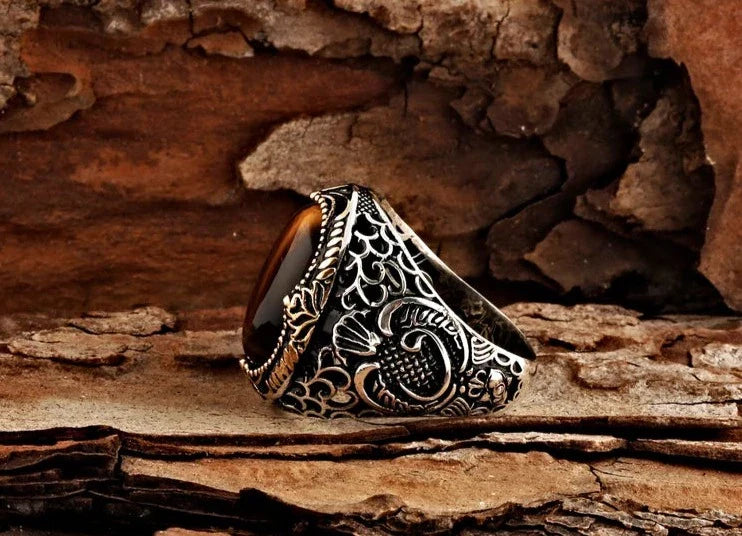 Gental Gems by Karat Kings | Unique Designed Turkish Style Ring with Natural Tiger Eye  |  Sterling Silver Oxidized Ring | Men's Jewelry | With Certificate of Authenticity and  Hallmark
