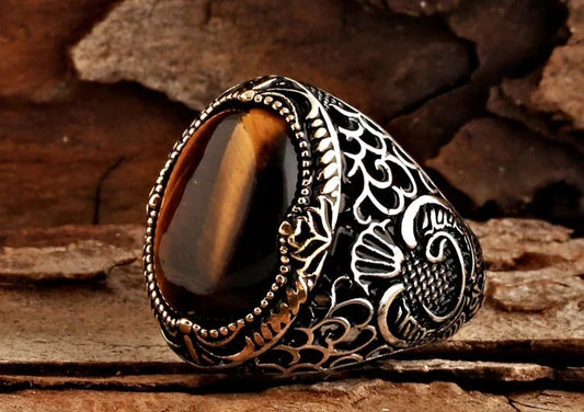 Gental Gems by Karat Kings | Unique Designed Turkish Style Ring with Natural Tiger Eye  |  Sterling Silver Oxidized Ring | Men's Jewelry | With Certificate of Authenticity and  Hallmark