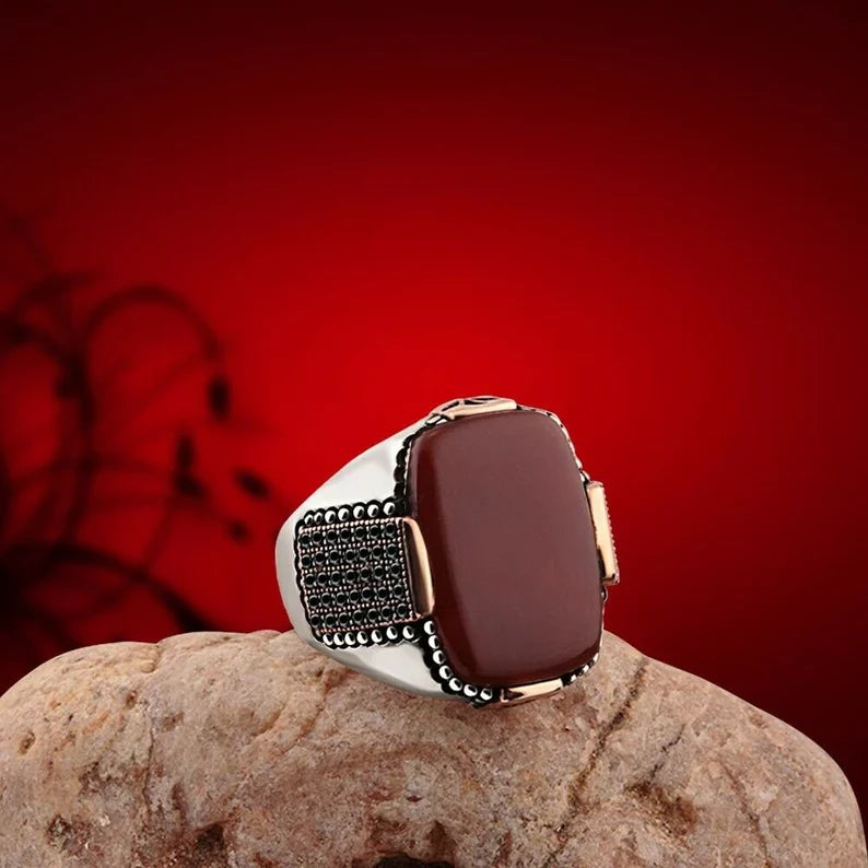 Gental Gems by Karat Kings | Unique Turkish Style Ring with Natural Red Agate |  Sterling Silver Oxidized Ring | Men's Jewelry | With Certificate of Authenticity and  Hallmark