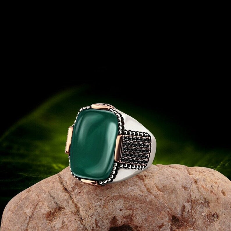 Gental Gems by Karat Kings | Unique Designed Turkish Style Ring with Natural Green Onyx |  Sterling Silver Oxidized Ring