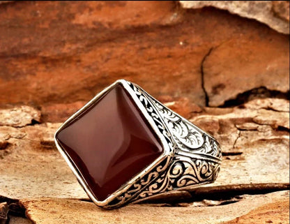 Gental Gems by Karat Kings | Unique Turkish Style Ring with Natural Red Agate  |  Sterling Silver Oxidized Ring | Men's Jewelry | With Certificate of Authenticity and  Hallmark