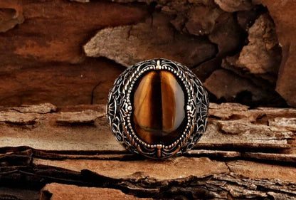 Gental Gems by Karat Kings | Unique Designed Turkish Style Ring with Natural Tiger Eye  |  Sterling Silver Oxidized Ring