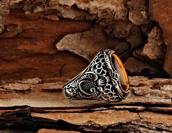 Gental Gems by Karat Kings | Unique Designed Turkish Style Ring with Natural Tiger Eye  |  Sterling Silver Oxidized Ring | Men's Jewelry | With Certificate of Authenticity and  Hallmark