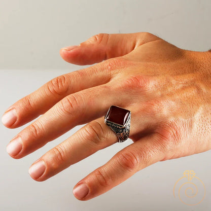 Gental Gems by Karat Kings | Unique Turkish Style Ring with Natural Red Agate  |  Sterling Silver Oxidized Ring | Men's Jewelry | With Certificate of Authenticity and  Hallmark