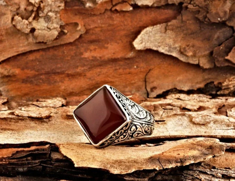 Gental Gems by Karat Kings | Unique Turkish Style Ring with Natural Red Agate  |  Sterling Silver Oxidized Ring | Men's Jewelry | With Certificate of Authenticity and  Hallmark