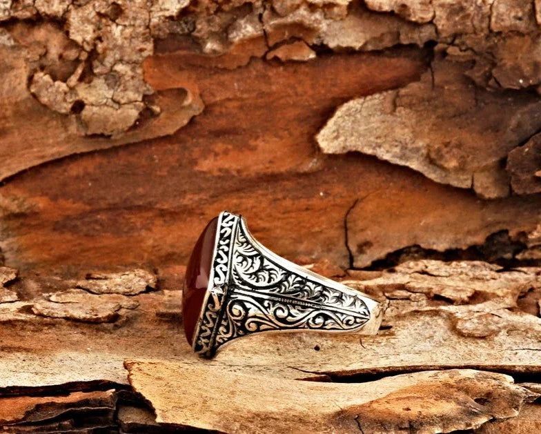 Gental Gems by Karat Kings | Unique Turkish Style Ring with Natural Red Agate  |  Sterling Silver Oxidized Ring | Men's Jewelry | With Certificate of Authenticity and  Hallmark