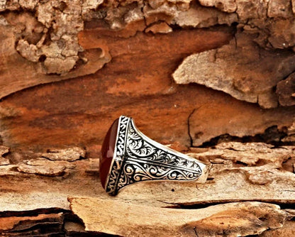 Gental Gems by Karat Kings | Unique Turkish Style Ring with Natural Red Agate  |  Sterling Silver Oxidized Ring | Men's Jewelry | With Certificate of Authenticity and  Hallmark