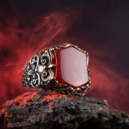Gental Gems by Karat Kings | Unique Turkish Style Ring with Natural Red Agate |  Sterling Silver Oxidized Ring