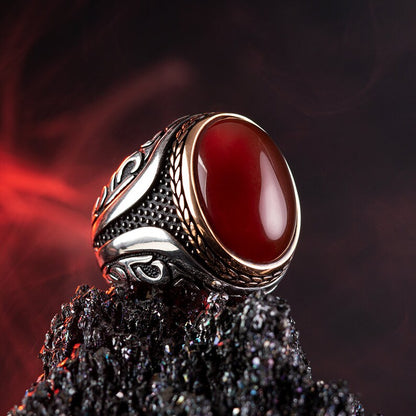 Gental Gems by Karat Kings | Unique Turkish Style Ring with Natural Red Agate |  Sterling Silver Oxidized Ring | Men's Jewelry | With Certificate of Authenticity and  Hallmark