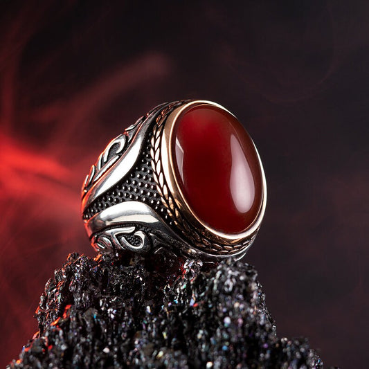 Gental Gems by Karat Kings | Unique Turkish Style Ring with Natural Red Agate |  Sterling Silver Oxidized Ring | Men's Jewelry | With Certificate of Authenticity and  Hallmark