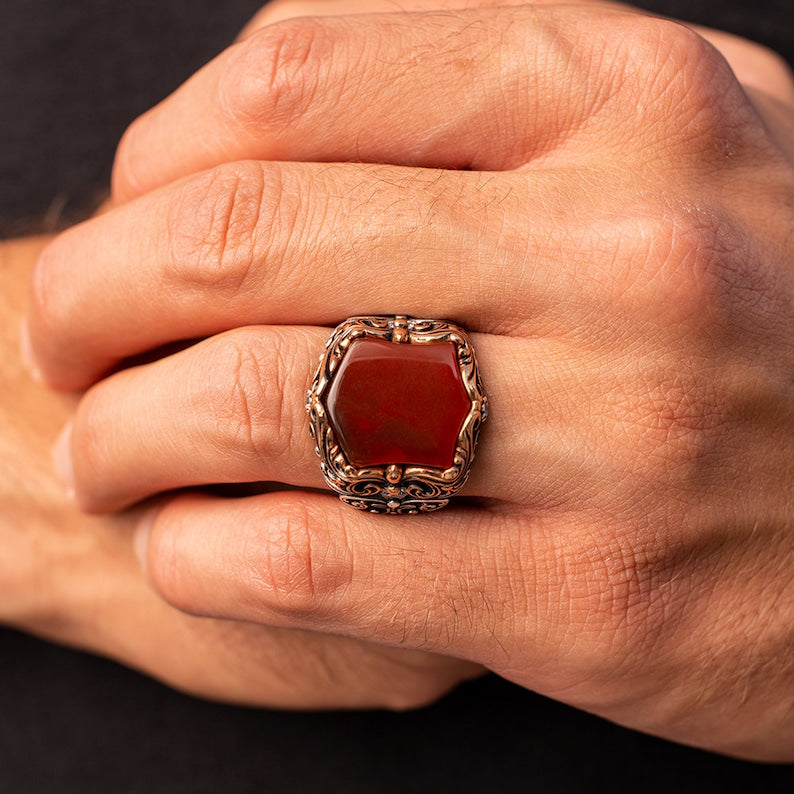 Gental Gems by Karat Kings | Unique Turkish Style Ring with Natural Red Agate |  Sterling Silver Oxidized Ring
