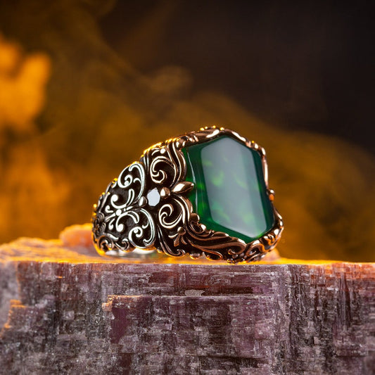 Gental Gems by Karat Kings | Unique Turkish Style Ring with Natural Green Onyx |  Sterling Silver Oxidized Ring | Men's Jewelry | With Certificate of Authenticity and  Hallmark