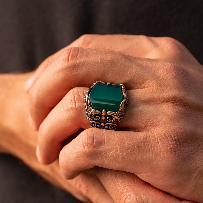 Gental Gems by Karat Kings | Unique Turkish Style Ring with Natural Green Onyx |  Sterling Silver Oxidized Ring | Men's Jewelry | With Certificate of Authenticity and  Hallmark