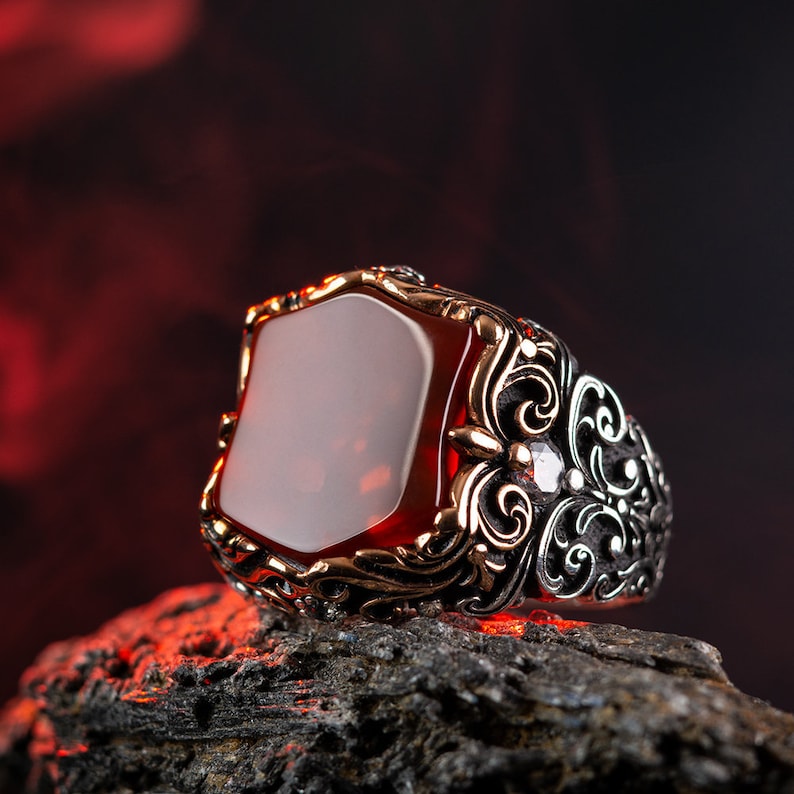 Gental Gems by Karat Kings | Unique Turkish Style Ring with Natural Red Agate |  Sterling Silver Oxidized Ring