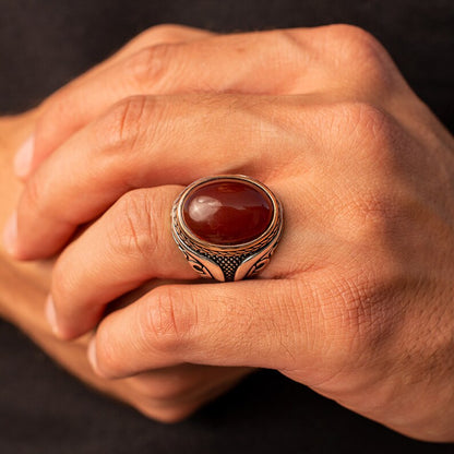 Gental Gems by Karat Kings | Unique Turkish Style Ring with Natural Red Agate |  Sterling Silver Oxidized Ring | Men's Jewelry | With Certificate of Authenticity and  Hallmark