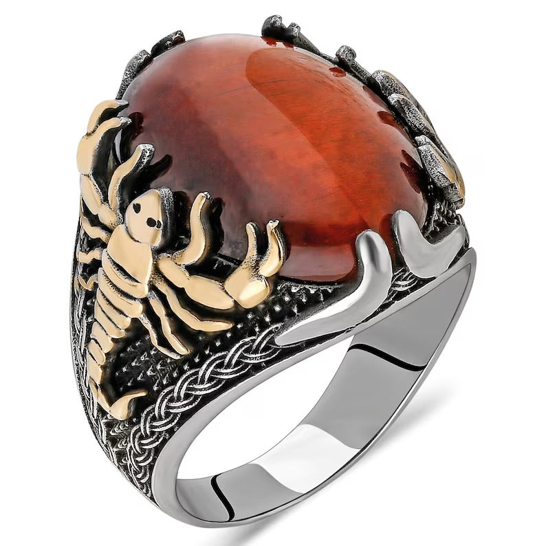 Gental Gems by Karat Kings | Unique Designed Turkish Style Ring with Natural Tiger Eye  |  Sterling Silver Oxidized Ring