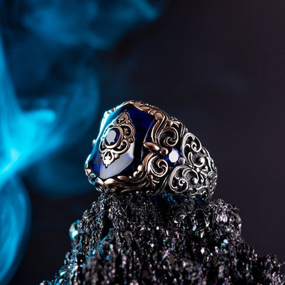 Gental Gems by Karat Kings | Unique Turkish Style Ring with Blue Zircon |  Sterling Silver Oxidized Ring