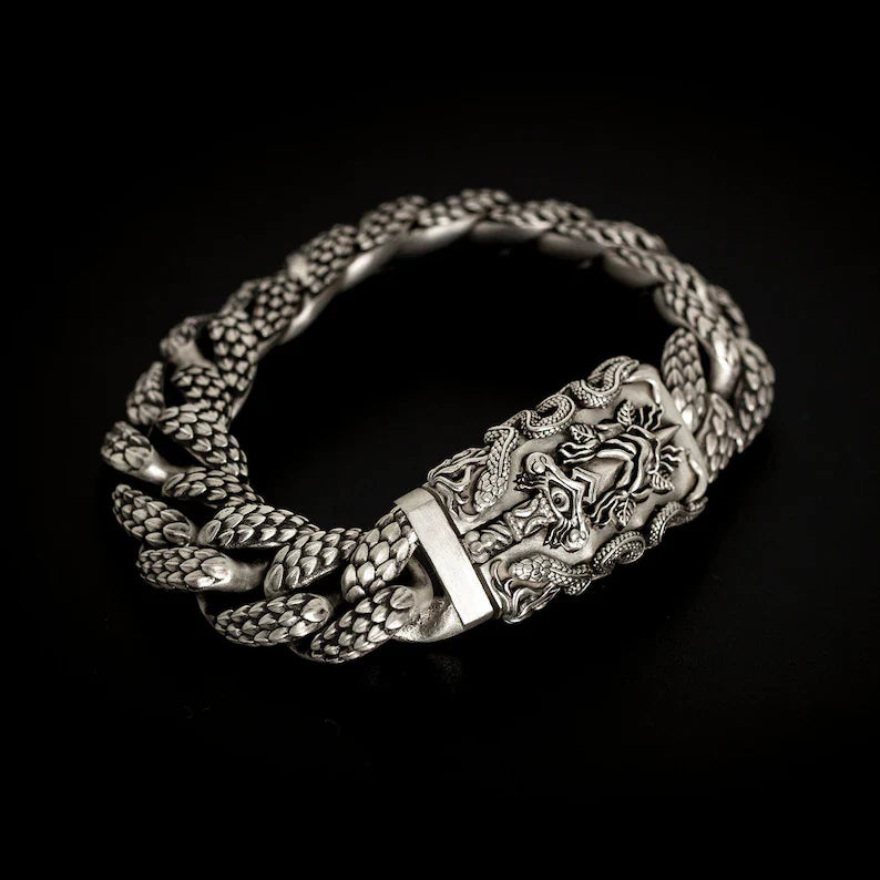 16mm wide Solid.  sterling silver bracelet with Snake Textured and Dagger oxidized Cuban design | Sterling Silver Bracelet | With Certificate of Authenticity and  Hallmark