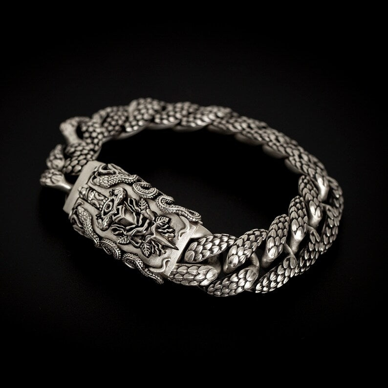 16mm wide Solid.  sterling silver bracelet with Snake Textured and Dagger oxidized Cuban design | Sterling Silver Bracelet | With Certificate of Authenticity and  Hallmark