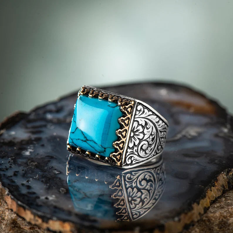 Gental Gems by Karat Kings | Unique Designed Turkish Style Ring with Natural Irani Origin Turquoise |  Sterling Silver Oxidized Ring |With Certificate of Authenticity and