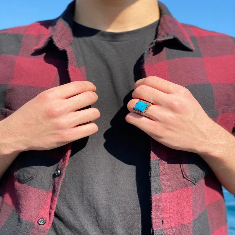 Gental Gems by Karat Kings | Unique Designed Turkish Style Ring with Natural Irani Origin Turquoise |  Sterling Silver Oxidized Ring |With Certificate of Authenticity and