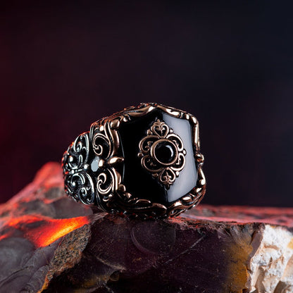 Gental Gems by Karat Kings | Unique Turkish Style Ring with Natural Black Onyx |  Sterling Silver Oxidized Ring