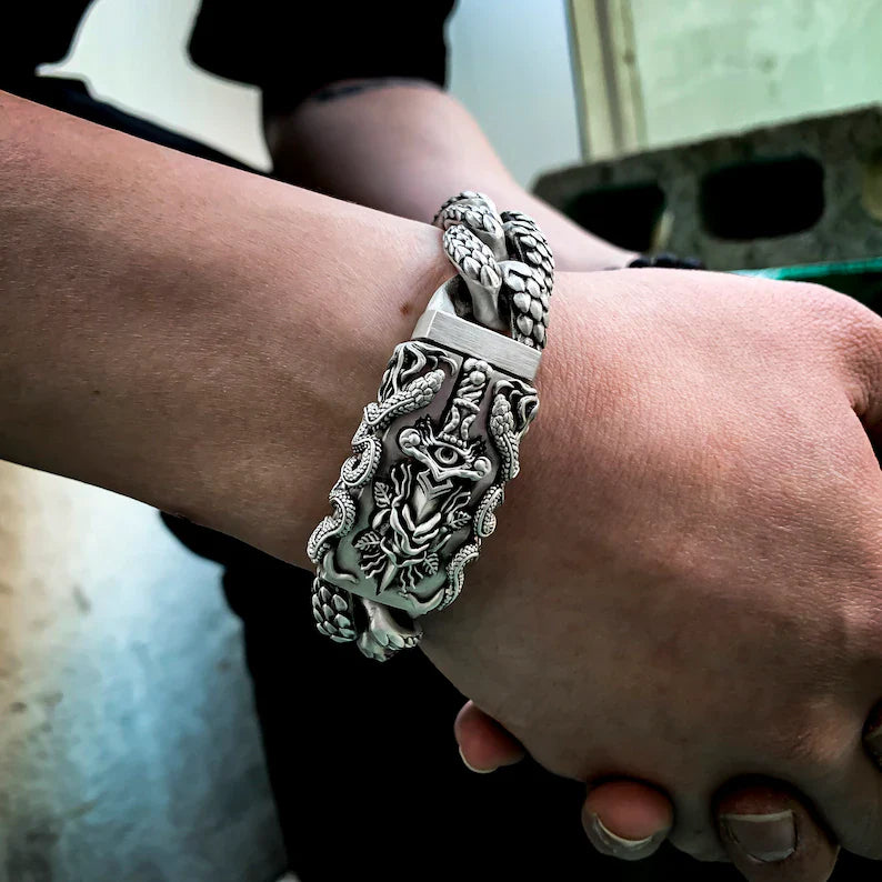 16mm wide Solid.  sterling silver bracelet with Snake Textured and Dagger oxidized Cuban design | Sterling Silver Bracelet | With Certificate of Authenticity and  Hallmark