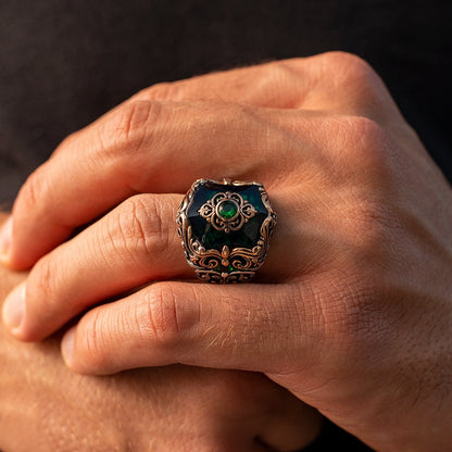 Gental Gems by Karat Kings | Unique Turkish Style Ring with Green Onyx |  Sterling Silver Oxidized Ring