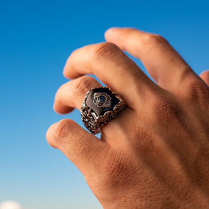 Gental Gems by Karat Kings | Unique Turkish Style Ring with Natural Black Onyx |  Sterling Silver Oxidized Ring
