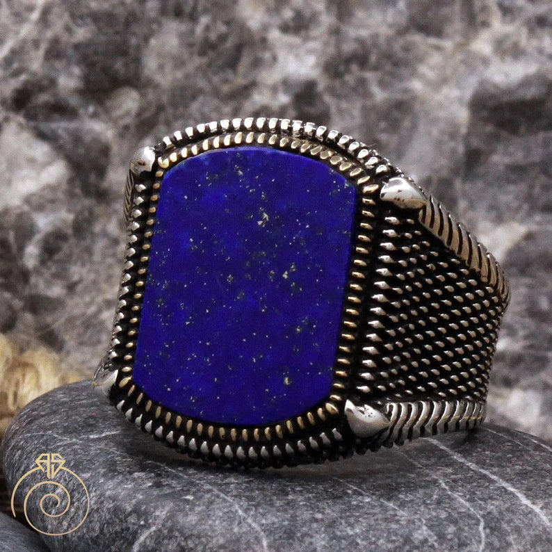 Gental Gems by Karat Kings | Unique Turkish Style Ring with Natural Blue Lapis Lazuli |  Sterling Silver Oxidized Ring | Men's Jewelry | With Certificate of Authenticity and  Hallmark