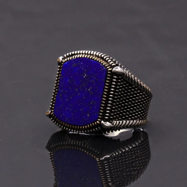 Gental Gems by Karat Kings | Unique Turkish Style Ring with Natural Blue Lapis Lazuli |  Sterling Silver Oxidized Ring | Men's Jewelry | With Certificate of Authenticity and  Hallmark