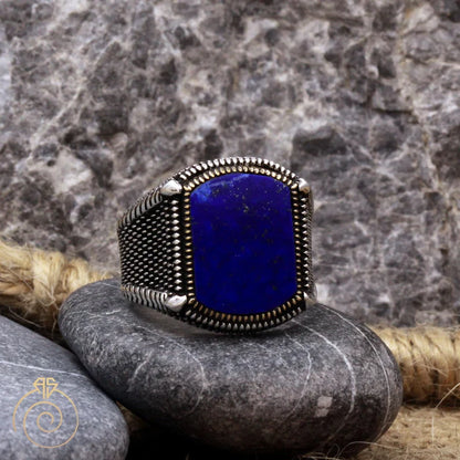 Gental Gems by Karat Kings | Unique Turkish Style Ring with Natural Blue Lapis Lazuli |  Sterling Silver Oxidized Ring | Men's Jewelry | With Certificate of Authenticity and  Hallmark