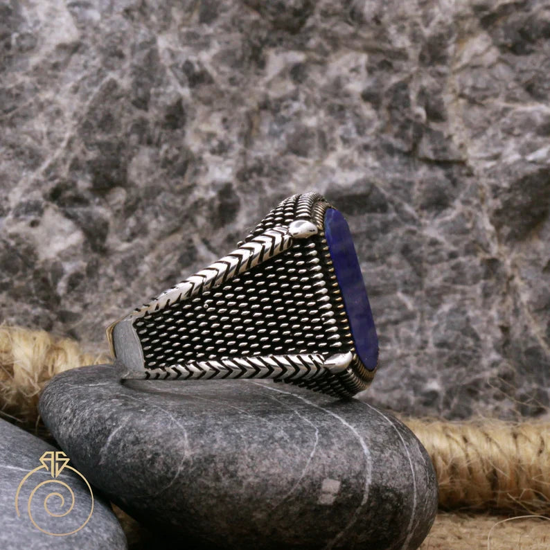 Gental Gems by Karat Kings | Unique Turkish Style Ring with Natural Blue Lapis Lazuli |  Sterling Silver Oxidized Ring | Men's Jewelry | With Certificate of Authenticity and  Hallmark