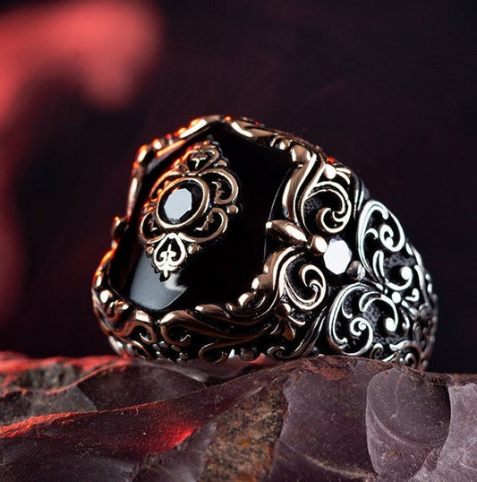 Gental Gems by Karat Kings | Unique Turkish Style Ring with Natural Black Onyx |  Sterling Silver Oxidized Ring | Men's Jewelry | With Certificate of Authenticity and  Hallmark