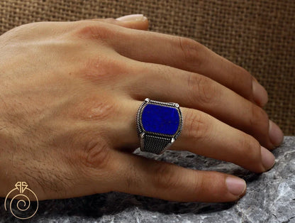 Gental Gems by Karat Kings | Unique Turkish Style Ring with Natural Blue Lapis Lazuli |  Sterling Silver Oxidized Ring | Men's Jewelry | With Certificate of Authenticity and  Hallmark